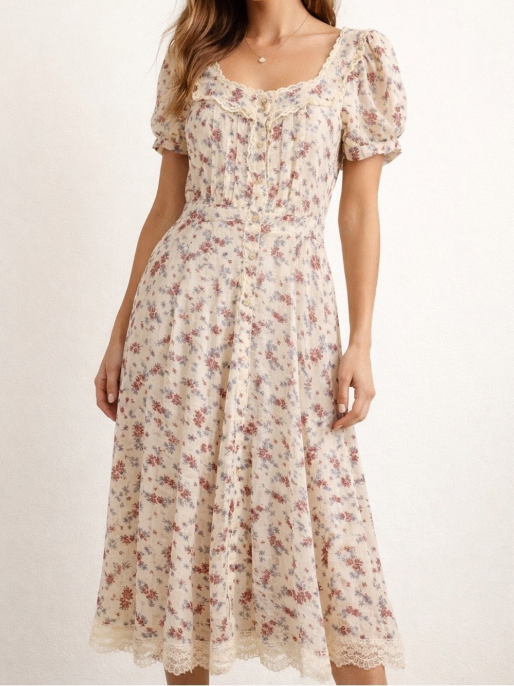 Gunne Sax Vintage Floral Dress Size Small Lace Midi Cottage Core Dainty Farm